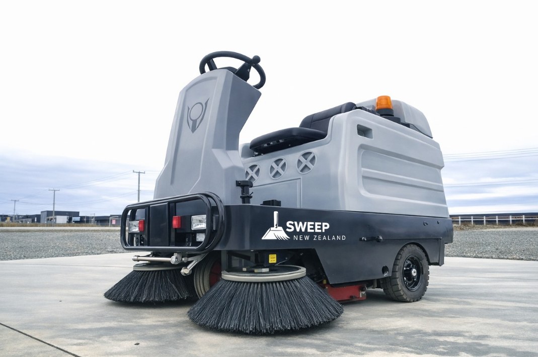 SC1200 ride-on electric sweeper on a concrete yard